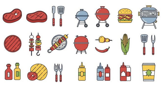 Illustration of various barbecue items including steak grills burger and condiments on white background