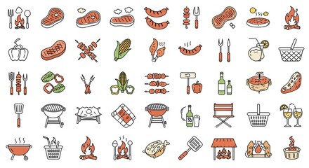 A collection of barbecue themed icons featuring grills food and cooking related objects in a flat style