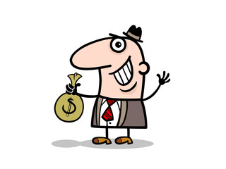 Illustration of cartoon illustration of a smiling man holding a bag of money isolated on white background