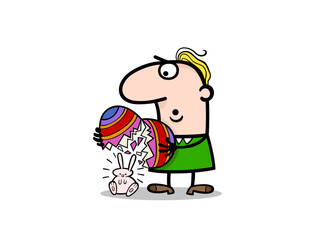 Surprised man holding a broken easter egg