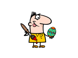 Funny cartoon man painting easter egg