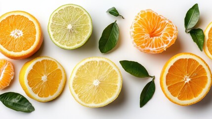 An artistic layout of vibrant citrus fruits, including oranges, limes, and mandarins with green leaves, showcasing freshness and natural beauty for culinary or lifestyle themes.