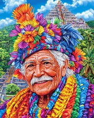 Elderly Guatemalan Maya Man in Traditional Dress with Colorful Floral Decorations