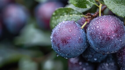 This close-up showcases fresh plums adorned with glistening water droplets, highlighting their vibrant colors and luscious texture amid a green leafy backdrop.