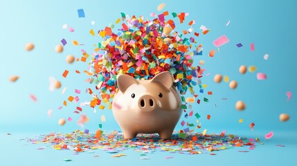 Cute piggy bank with colorful confetti explosion on blue background celebrating savings and financial dreams