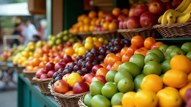 Vibrant Display of Fresh Tropical Fruits in a Market Setting, Abundance of Colorful Produce