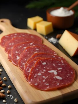 Artisanal sliced salami on wooden cutting board with cheese and spices. Gourmet food and delicacies.