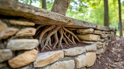 Tree Roots Emerging Through Stone Wall