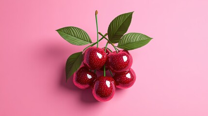 Bright Red Cherries with Green Leaves on Pink Background Fresh Fruit Healthy Snack Summer Food