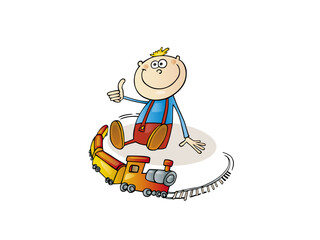 Happy boy playing with toy train on track