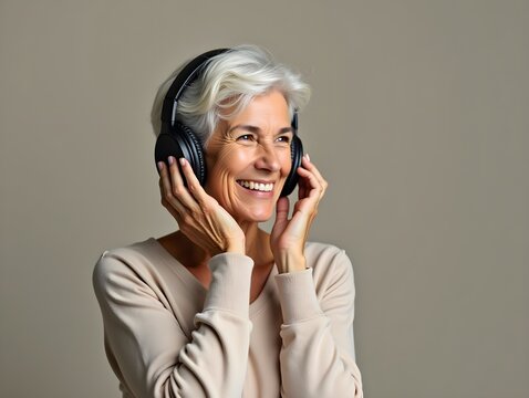 Smiling Senior Woman Listening to Music with Headphones