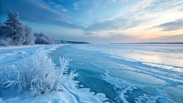 Icy shoreline with frosted trees under a pastel sky - Powered by Adobe