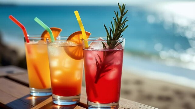 Close-Up of Three Colorful Cocktails on a Wooden Table at an Outdoor Bar, Refreshing Beachside Drinks