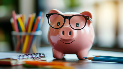 Piggy Bank with Glasses on Desk Surrounded by School Supplies in Soft-Focused Background.