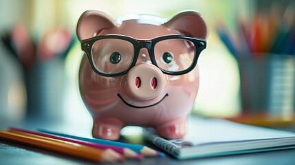 Cute Piggy Bank Wearing Glasses Amidst Pencils and Notebook on Blurred Study Desk