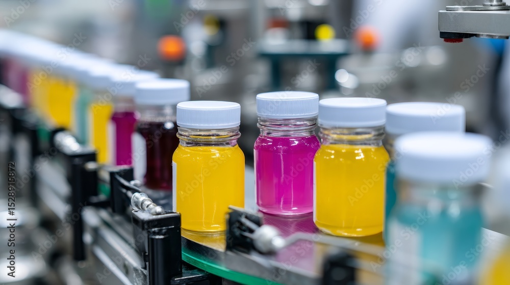 Poster modern hightech food packaging assembly line with robotic arms filling vibrant colorful jars in a br