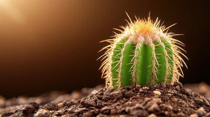 Close-up of a small green cactus with yellow spines growing in dark soil under warm sunlight