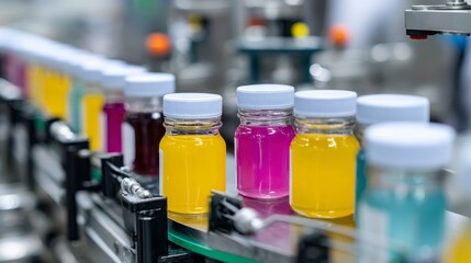 Modern hightech food packaging assembly line with robotic arms filling vibrant colorful jars in a bright, efficient production environment