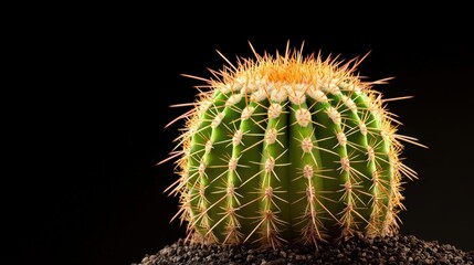 Close-up of a round green cactus with spines and textured surface on dark background