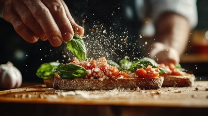A culinary artist delicately sprinkles fresh basil and tomatoes onto bruschetta, showcasing the art of food preparation and the joy of cooking with fresh ingredients.