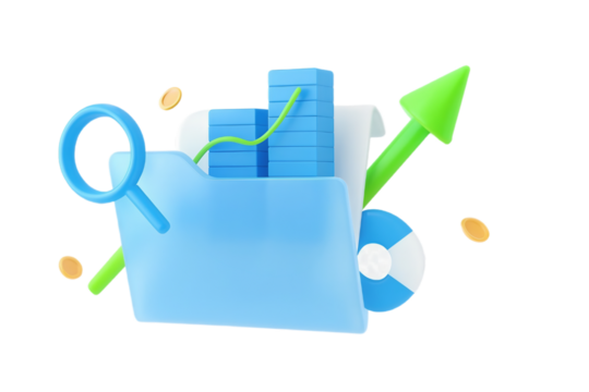 Blue folder with magnifying glass, bar chart, green upward arrow, coins and disc isolated on white background. Concept of business growth. 3D