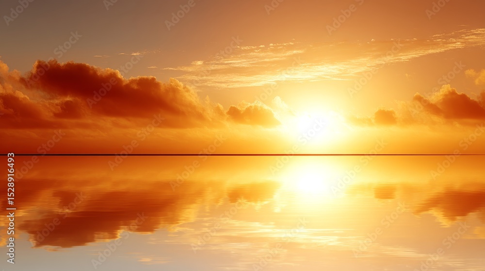Poster serene sunset reflecting on a tranquil water surface with soft clouds creating a surreal, glasslike 