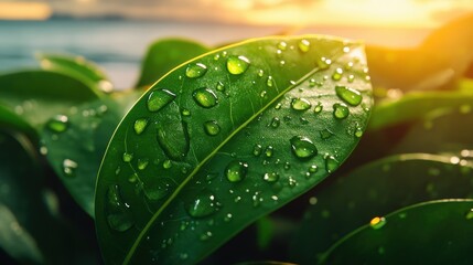 Close-up of fresh green leaves with water droplets du sunrise, vibrant natural botanical scene