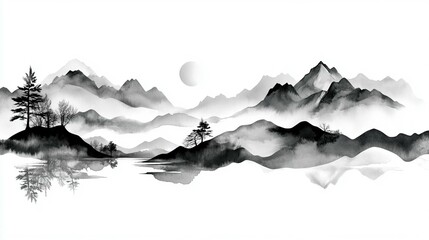 Serene Mountain Lake: Ink Wash Painting