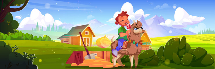 Boy rides llama holding candy near wooden box in country village - happy child with pink lollipop sits on fluffy alpaca beside wood chest. Rural farm landscape with kid sits atop decorated animal.