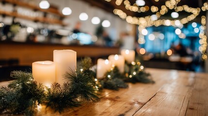 Warm festive scene with artisanal candles on rustic wooden table surrounded by fairy lights and evergreen garlands in cozy café background