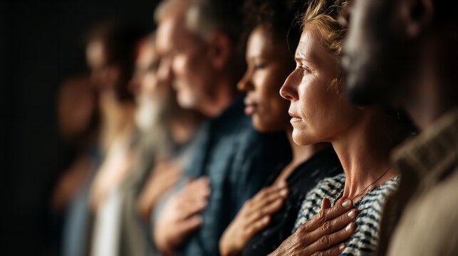A diverse group united with hands over their hearts reflecting on shared values and national pride in a softly focused