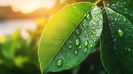 Close-up of vibrant green tea leaves with water droplets illuminated by sunlight in natural garden setting