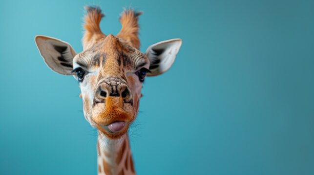 A charming portrait of a giraffe sticking out its tongue against a vibrant background, offering a playful glimpse into wildlife that showcases the beauty and quirks of nature.