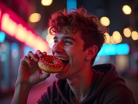 Young man enjoying a donut under neon lights, joyful urban scene. Food and lifestyle concept