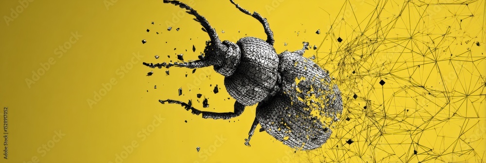 Poster 3d wireframe bug symbol breaking apart against a vibrant yellow background, showcasing the fragility