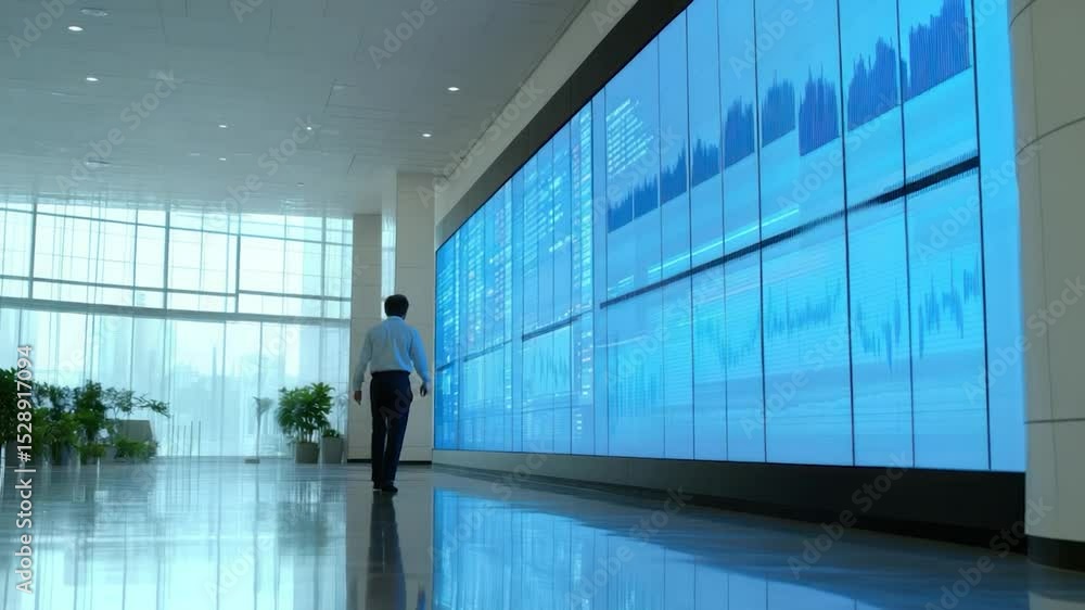 Poster businessman walking in a modern office hallway with a large wall-mounted display screen showing data
