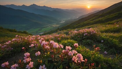 Mountain Meadow Magic: Pink Wildflowers at Sunset
        
