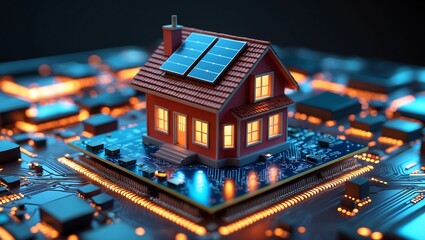 Obraz premium Miniature Red House with Solar Panels on Illuminated Circuit Board Smart Home Technology Concept image