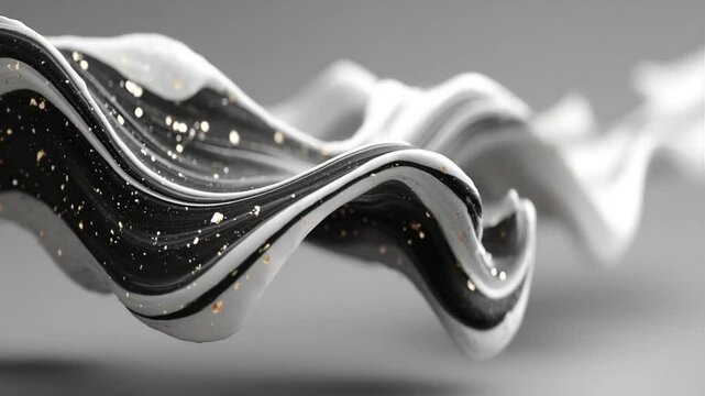 Abstract Wave Form with Black and White Marble Texture and Gold Flakes on a Gray Background