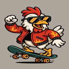 A cool cartoon vector of a skateboarding chicken rocking mirrored aviator glasses and a red bomber jacket with fiery sleeve details, set against a plain gray background.