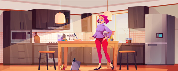 Fototapeta na wymiar Cartoon woman in kitchen with pot lying on floor - female character stands near wooden table, dropped cookware below. Modern interior with dark cabinets, kitchenware and equipment for cooking scenes.