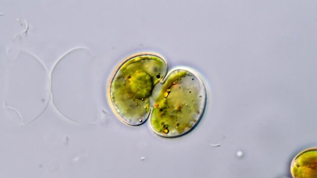 Cosmarium Algae cell contain crystals of barium or calcium sulfate that vibrate with Brownian motion
