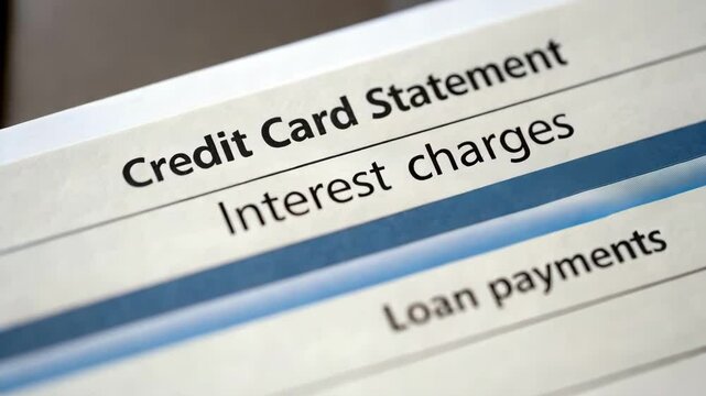 Loan living pay concept. A close-up of a credit card statement highlighting interest charges and loan payments.