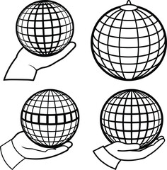 globe with disco ball in sign line art icon vector silhouette illustration for photo overlays, t-shirt print, and flyer poster design
