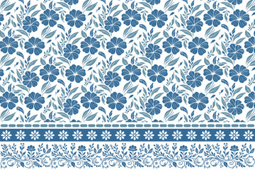 home textile fashion seamless design.border embroidery blue floral sketch.trendy line floral pattern minimalism.elegant white background simple petal.hand-drawn botanical outline leaves

