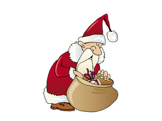 Cartoon santa claus checking his gift bag
