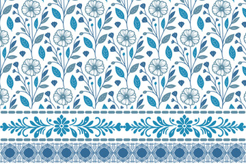 blue floral flowers sketch pattern.clean outline delicate one line.textile fashion seamless repeat.home textile border embroidery stems.modern botanical line art florals

