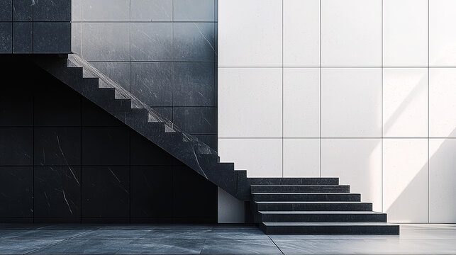 Modern minimalistic black and white staircase design in a geometric architectural setting, showcasing contrast and simplicity