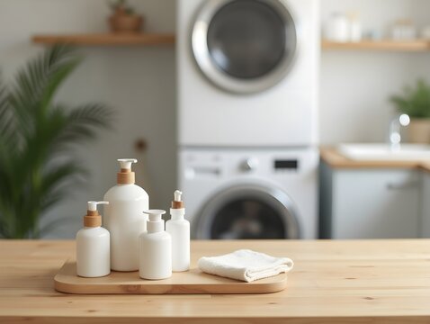 Wood table for display products on background of blurred laundry room