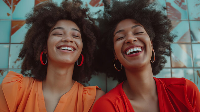 This Two friends smile widely, embodying happiness and support in a colorful backdrop.